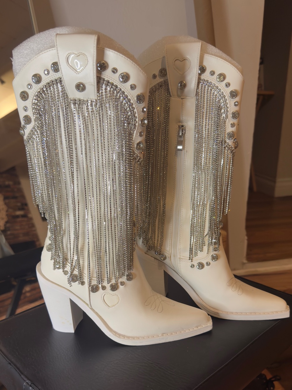 Dolls kill Sugar Thrillz White Rhinestone Fringe Western Heeled Boots